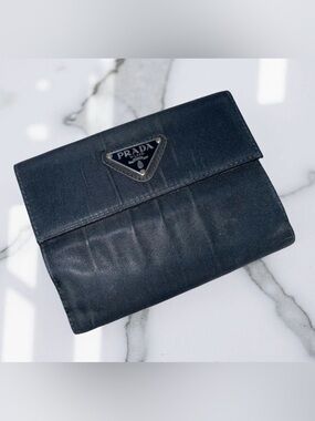 Prada black Tessuto nylon and Saffiano leather trifold wallet